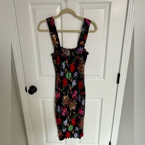 Floral Bodycon Midi Dress - Black with Multicolor Floral Print